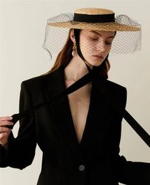 Wide Brim Hats 202301-HH7314 Summner Drop Handmade Straw Long Ribbon Mesh Fashion Model Show Holiday Lady Sun Cap Women Leisure Hat