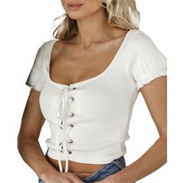 Women's T Shirts Knitted Cute Ruffle Short Sleeve Summer Women Bodycon Tops Sexy Crop Top FashionLace Up Bandage Tees Mujer M0418Wom