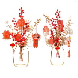 Decorative Flowers Chinese Year Decorations Artificial Red Berries Bouquet Spring Festival Art Crafts Adornment For Living Room Indoor Decor