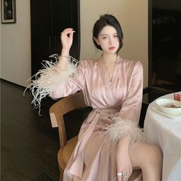 Women's Sleepwear Women Clothing Wedding Dress Pijama Pink Long Sleeve Spring Sexy Nightgown Silk Chic Feather Casual Home Robes For WomenWo