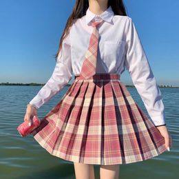 Skirts Zoki Pink Sweet Women Plaid Skirt JK Girls Preppy Dance Mini Pleated A Line Harajuku Japan School Fashion Tie Bow