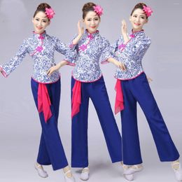 Stage Wear Blue And White Porcelain Women Waist Drum With Handkerchief Female Yangko Dance Costume Chinese Folk Clothing 89