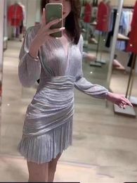 Casual Dresses 2023 Women Metal Wire Sexy Deep V Neck Dress Vintage Elegant Fashion Lady French Brand Autumn Party Mini Vestidos