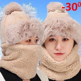 Cycling Caps Winter Beanie Hat Scarf Set Outdoor Women Keep Warm Cashmere Ski Windproof Thick Plush Fluffy Beanies Full Face Neck