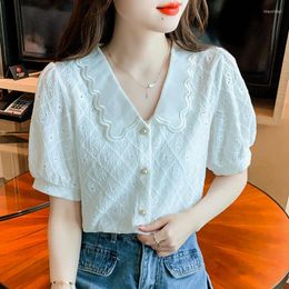 Women's Blouses Short Sleeve Summer Tops Plaid Fashion Lace Woman 2023 White Buttons Women Shirts Elegant Female Clothing 24540