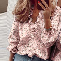 Women's Blouses & Shirts Fashion Spring And Autumn V-Neck Long-Sleeved Ruffled Star Pineapple Print Ladies Shirt Casual Plus Size