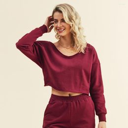 Gym Clothing GAIIA Burgundy O-neck Crop Sweatshirt For Woman Casual Long Sleeve Pullover Hoodie Sportswear 2023 Jumper Tops