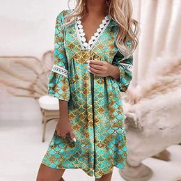 Casual Dresses Bohemian Dress Women Summer Ethnic Style Sundress Lace Trim V Neck Three Quarter Sleeves Swing Mini
