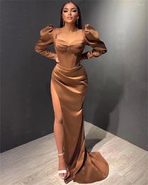 Party Dresses Elegant Pleat Long Sleeve Square Collar Formal Prom Women Brown Satin Mermaid Evening Pageant Gowns