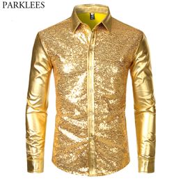 Mens Casual Shirts Mens Disco Shiny Gold Sequin Metallic Design Dress Shirt Long Sleeve Button Down Christmas Halloween Bday Party Stage Costume 230114