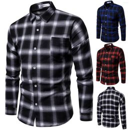 Men's Casual Shirts 2023 Men's Fashion Leisure Plaid Printed Turn-down Collar Streetwear Long-sleeved Buttons Slim Fit Shirt Tops