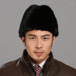 Berets Fur Hat For Men Real Mink Warm Hand Made Father's Day Winter Cotton&Polyester Lining Vintage Gentleman Russian