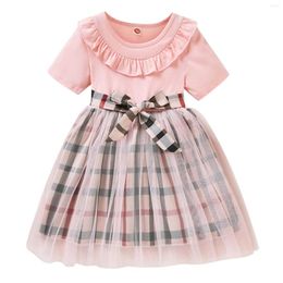 Girl Dresses Kids Toddler Infant Baby Girls Short Sleeve Plaid Patchwork Tulle Dress Princess Outfits
