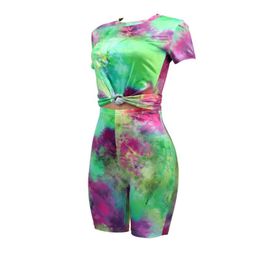 Women's Tracksuits Home Clothes Two Piece Set Fresh Tie-dye Print Short-sleeved Casual Tops And Elastic Tight Shorts Summer 2023