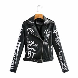 Women's Jackets Women Autumn Winter Faux Soft Leather Coats Letter Print Slim Black PU Zipper Jacket Street Casual Outwear Biker