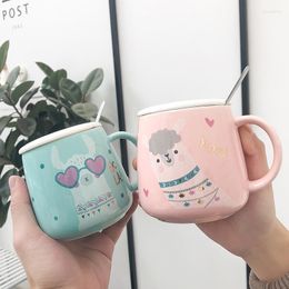 Mugs 400ml Cute Cartoon Alpaca Pot Belly Ceramic Cup Mini Coffee Mug With Lid And Spoon For Boys Girls Lovers Milk