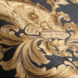 Wallpapers High Grade Black Gold Luxury Embossed Texture Metallic 3D Damask Wallpaper For Wall Roll Washable PVC Paper