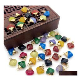 Charms 12X15Mm Natural Crystal Stone Decorate Little Rhombus Green Yellow Jade Pendants Gold Edge Trendy For Necklace Earrings Jewel Dhyru