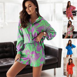 Women's Tracksuits Fashion Matching Print Shorts Suits Woman Vintage Long Sleeve Shirt And Short Pants Suit Two Piece Set Female Casual