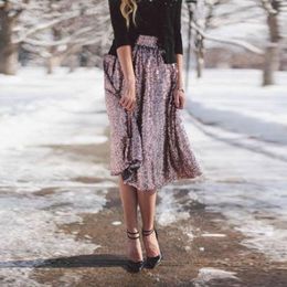 Skirts Shiny Rose Pink Sequins Womens Knee Length Zipper Waist Sparkly Midi Skirt A Line Glitter Custom Jupe Femme Faldas SaiaSkirts