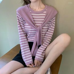 Women's T Shirts 2023 Autumn 4 Colour Tees Shawl Top Women's Loose Korean Version Purple Pink Student Striped Long-sleeved T-shirt Women