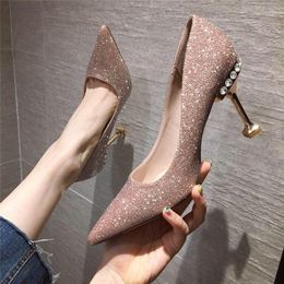 Dress Shoes 2023 Crystal Bridal Wedding High Heels Stiletto Pointed Sequins Net Celebrity Girl