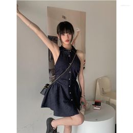 Casual Dresses Denim Dress Women's Summer Retro Solid Colour Sleeveless Pleated Design High Waist A-line Hanging Neck Short Skirt