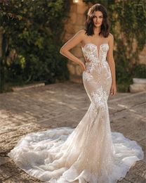 Wedding Dress Sexy Strapless Long Sequin Lace Mermaid Gowns Appliques Sweep Train Fish Bone Vestido De Noiva