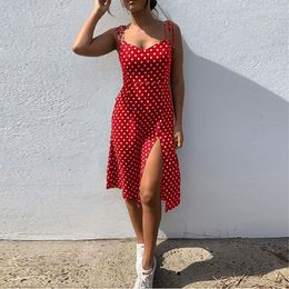 Casual Dresses 2023 Sundress Summer Women Causal Polka Dot Sleeveless High Pleated Elastic Waist V-Neck Beach Dress Vestidos De Verano