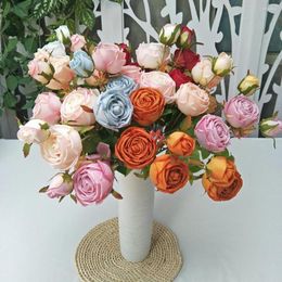 Decorative Flowers Artificial 3Heads Peony Tea Rose Camellia Silk Fake Flower For DIY Home Garden Wedding Decoration