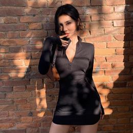 Casual Dresses Autumn Winter Stretch Slim Soft Ribbed Knitted Turtleneck Dress Woman 2023 Fashion Solid Black Bodycon Zip