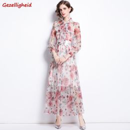 Casual Dresses Gezelligheid For Women 2023 Summer Fashion Elegant Print Holiday Bow Women's Mesh Long Sleeve Boho Beach Maxi Dress