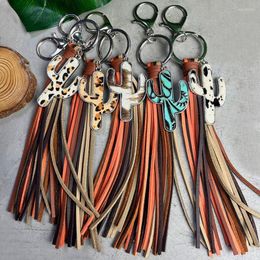 Keychains Genuine Leather Leopard Cactus Charm Velvet Tassel Fringe Key Chain Fashion Western Keychain Boho Bag Accessories