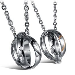 Pendant Necklaces Arrivals Lover Half Heart Necklace For Couples "Real Love" Double Circle Stainless Steel Mens Ladies Couple