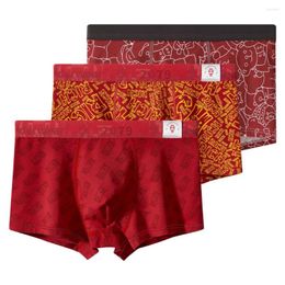 Underpants 3Pcs Red Series Men's Mid-Rise Cotton Boxer Panties Trend Personality U-convex Breathable Casual Boyshorts