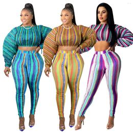 Women's Two Piece Pants 2023 Summer Skinny Fashion Women Printing Pieces Sets Lantern Sleeve Crop Top And Pant African Clothes Suit