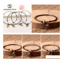 Link Chain Handmade Wax Rope Ceramic Bead Retro Bell Leaf Charm Bracelet Anklet For Women Adjustable Size Ethnic Style Fashion Lady Dhmrb