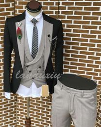 Men's Suits & Blazers Landuxiu Fashion Suit For Man Burgundy Blazer Grey Vest And Pants Bride Groom Tuxedo CostumeMen's