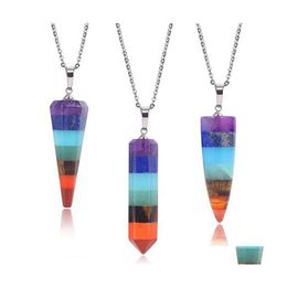 Arts And Crafts Rainbow 7 Chakra Layered Purple Crystal Lapis Aventurine Tiger Eye Stone Pendum Pendants Necklace For Women Jewellery Dhwzn