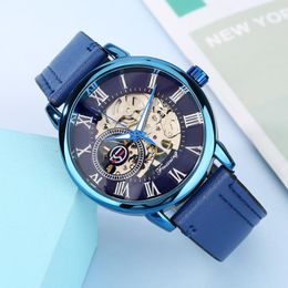 Wristwatches Silver Numeral Dial Blue Mechanical Watches For Men Leather Strap Men's Watch Pin Buckle Fashion WristWatch Manual Winding