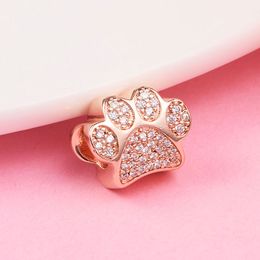 Rose Gold Metal Plated Sparkling Paw Print Charm Bead Only Fits European Pandora Type Jewellery Bracelets Necklaces