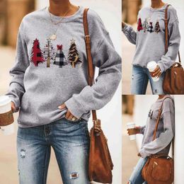 Women's Hoodies Autumn And Winter Leopard Print Christmas Tree Pattern Printed Round Neck Long Sleeve Casual Sweatshirt Women