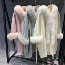 Women's Wool Winter Real Fur Hooded Coat For Women 2023 Korean Lady Oversized Blend Cape Outerwear With Genuine Collar