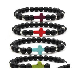 Charm Bracelets Natural Stone Cross Bracelet Fashion Bangle Black Onyx Matte Beaded For Women Men Couples Jewellery Dhs M488A F Drop De Dh0Eq