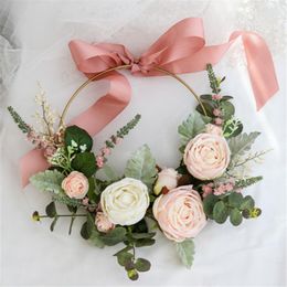 Wedding Flowers SESTHFAR Dusty Rose Pink Bridal Bouquet Loop Hand Holding Flower Round Gold Metal Ins Romantic Pography Accessories