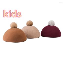 Berets 202309-3017 Autumn Winter Pompon Cute 52cm Head Size Solid Wool Kids Beret Cap Boy Girl Children Leisure Painter Hat