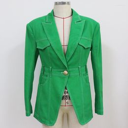 Women's Jackets 2023 Celebrity Catwalk Style Wide Shoulder Top Stitch Decoration One Button Denim Blazer High Quality Jacket Green O198