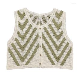 Women's Tanks Elegant Striped Knit Waistcoat Women Button Down Crop Tops Crochet Loose Sleeveless Vest Camis For Summer Autumn Daily