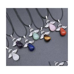 Arts And Crafts Natural Stone Angel Pendant Necklace Pink Crystal Opal Amthyst Charms Pu Chain Necklaces For Women Jewellery Drop Deli Dh4Uy