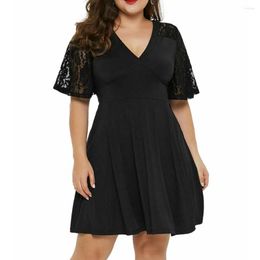 Plus Size Dresses Women Dress Casual Solid Colour V-Neck Short Sleeve Lace A-Line For 4xl 5xl Party Sexy Vestidos 2023